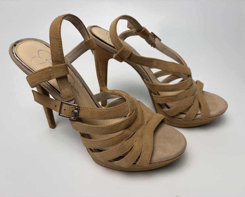 Jessica Simpson Itzari Ankle Strap Stiletto Sandals Size 8.5M Tan Suede